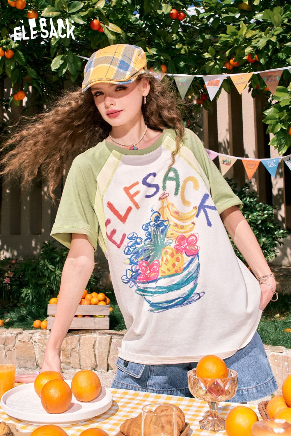 ELFSACK Fruit print raglan cute casual versatile slim contrast color loose short-sleeved T-shirt