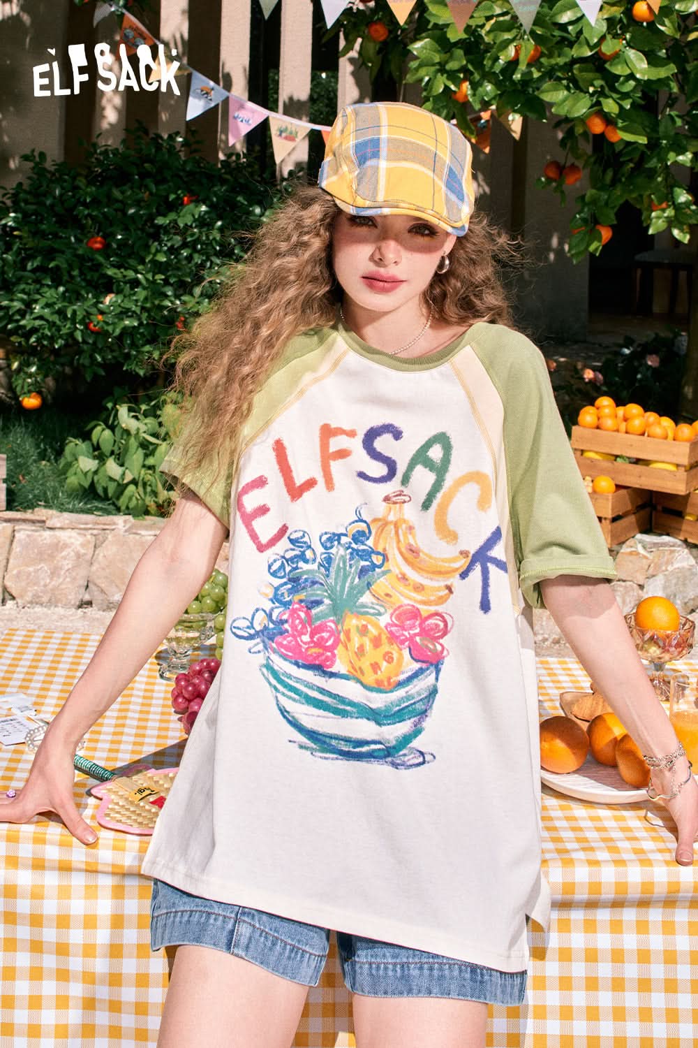 ELFSACK Fruit print raglan cute casual versatile slim contrast color loose short-sleeved T-shirt