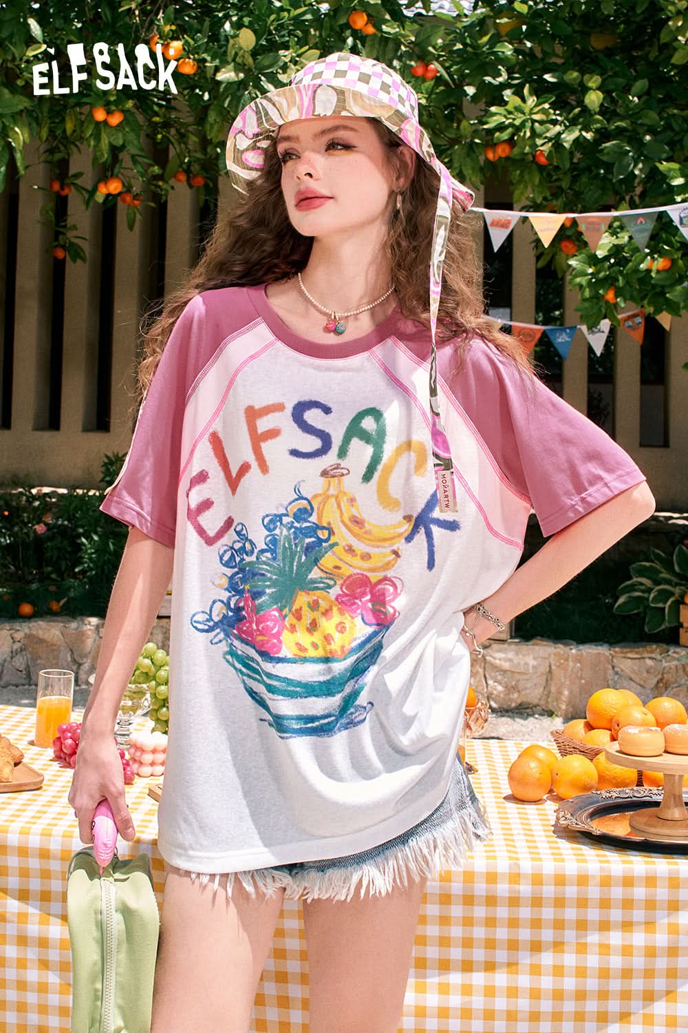 ELFSACK Fruit print raglan cute casual versatile slim contrast color loose short-sleeved T-shirt