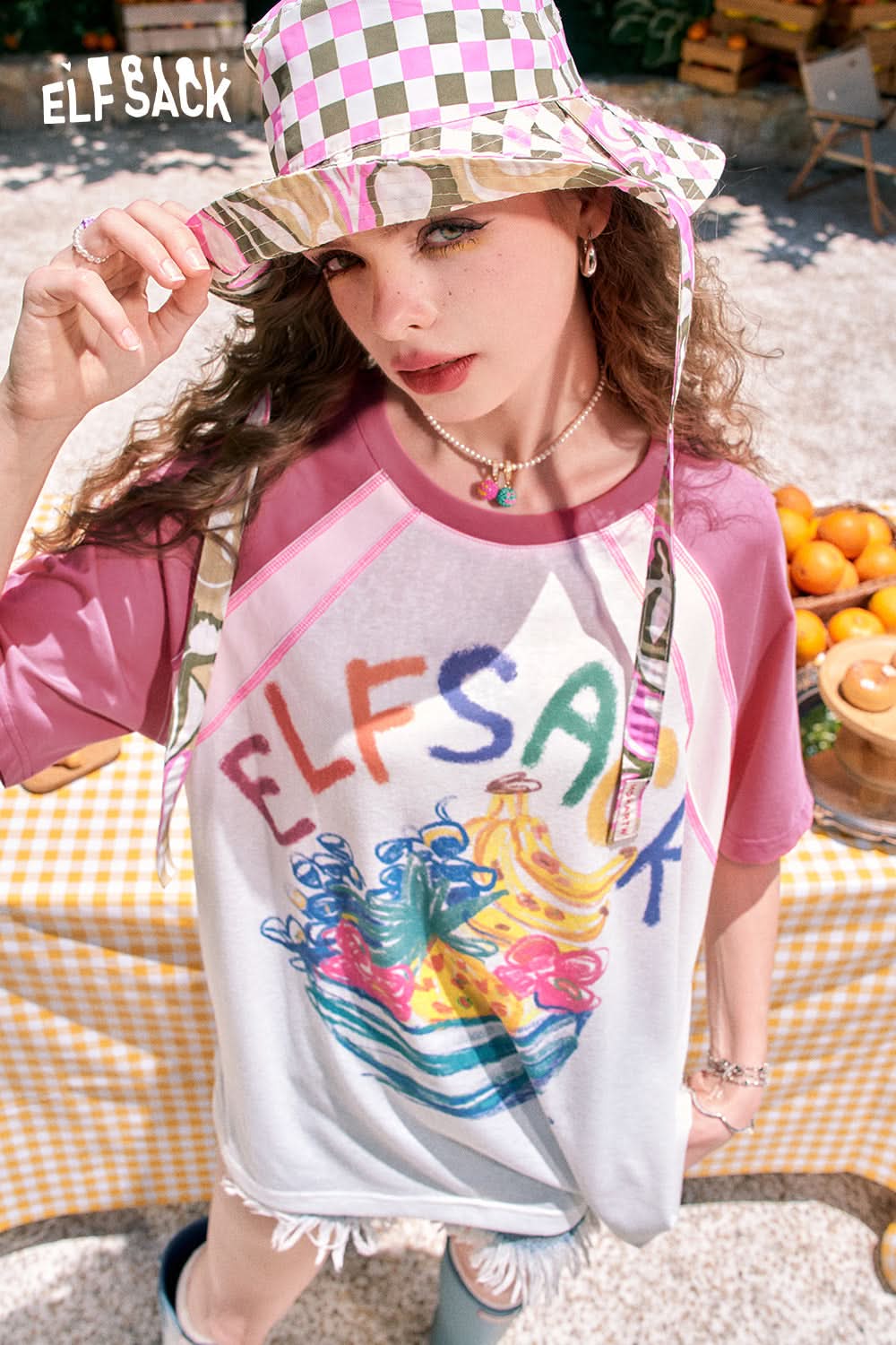 ELFSACK Fruit print raglan cute casual versatile slim contrast color loose short-sleeved T-shirt