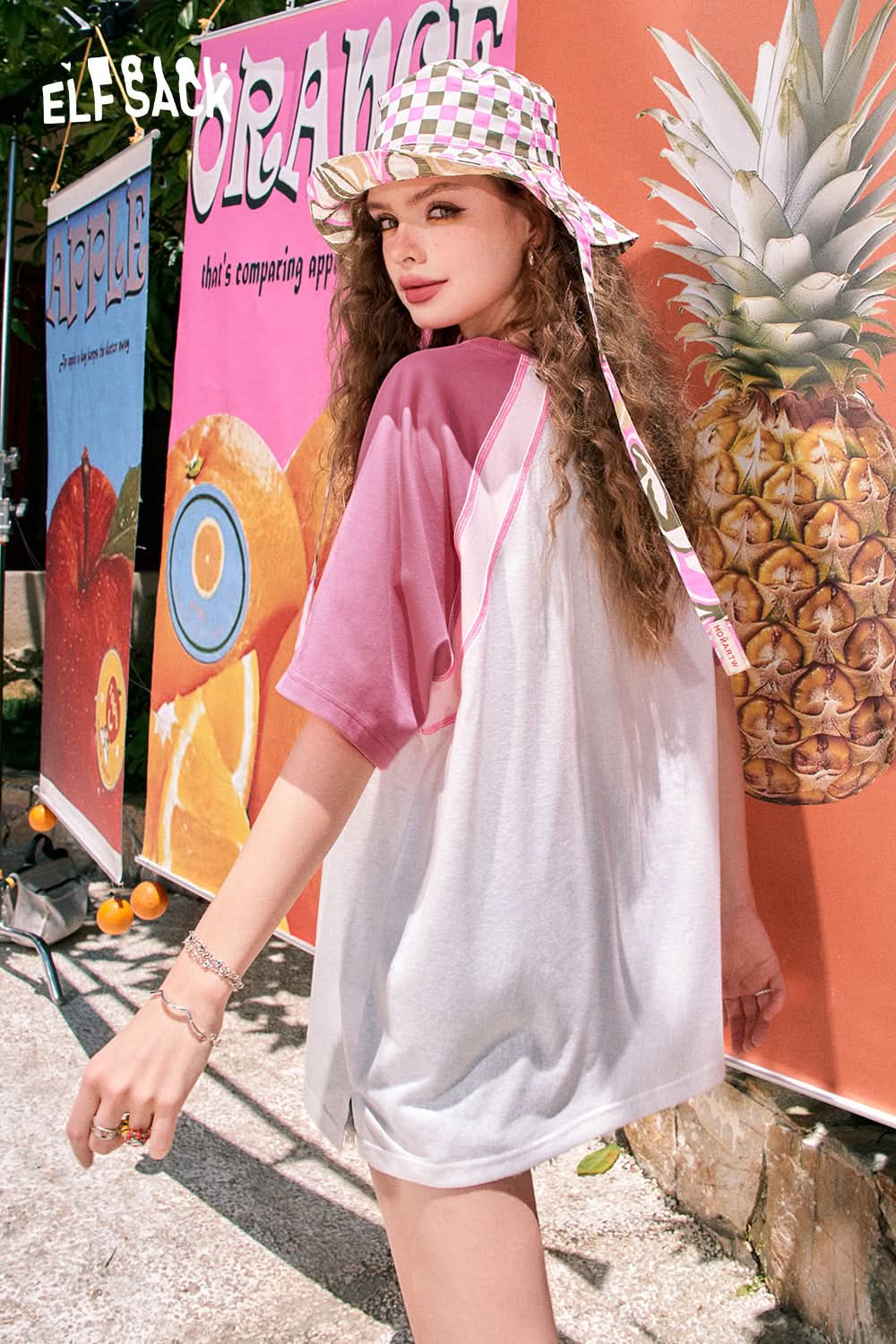 ELFSACK Fruit print raglan cute casual versatile slim contrast color loose short-sleeved T-shirt