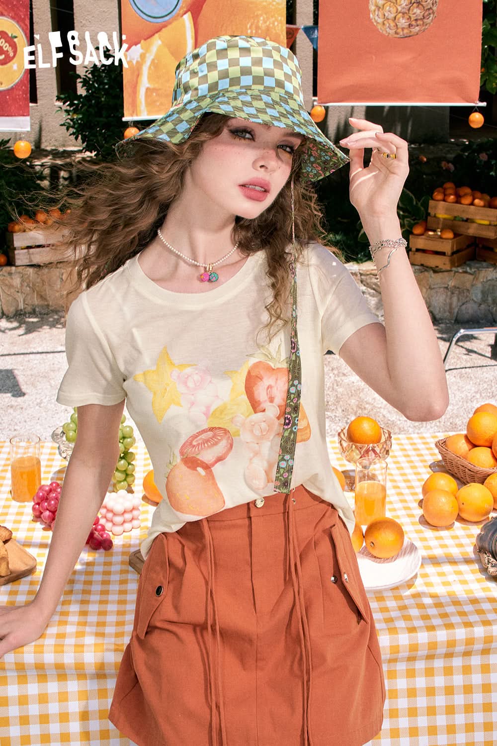 ELFSACK Fruit print loose cute style versatile slim pink short-sleeved T-shirt