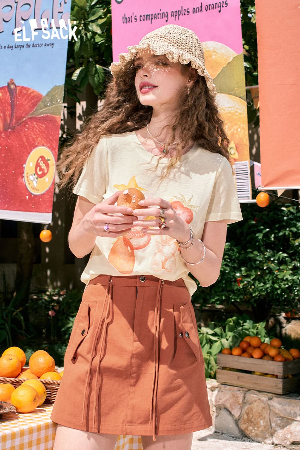 ELFSACK Fruit print loose cute style versatile slim pink short-sleeved T-shirt