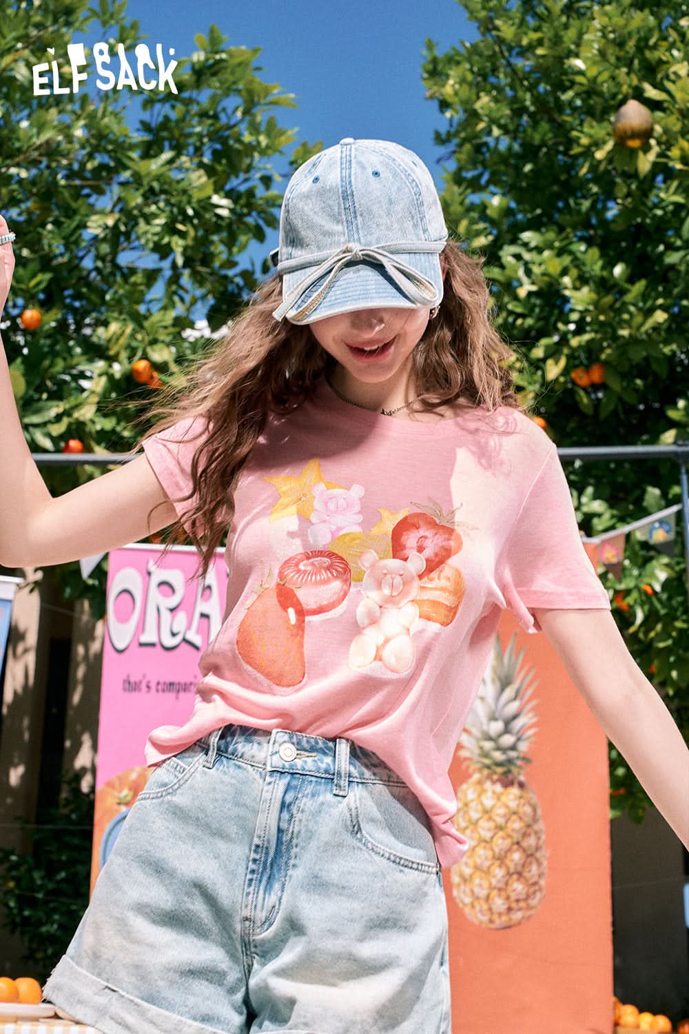 ELFSACK Fruit print loose cute style versatile slim pink short-sleeved T-shirt