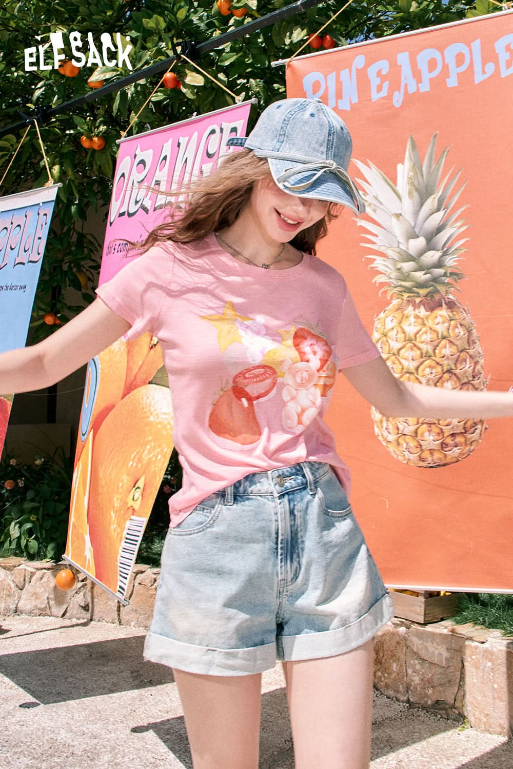 ELFSACK Fruit print loose cute style versatile slim pink short-sleeved T-shirt
