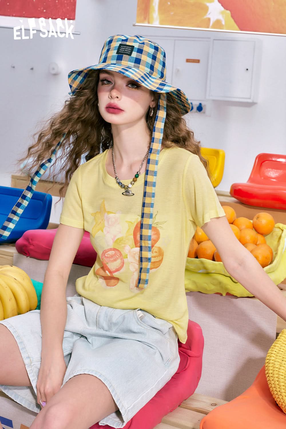 ELFSACK Fruit print loose cute style versatile slim pink short-sleeved T-shirt