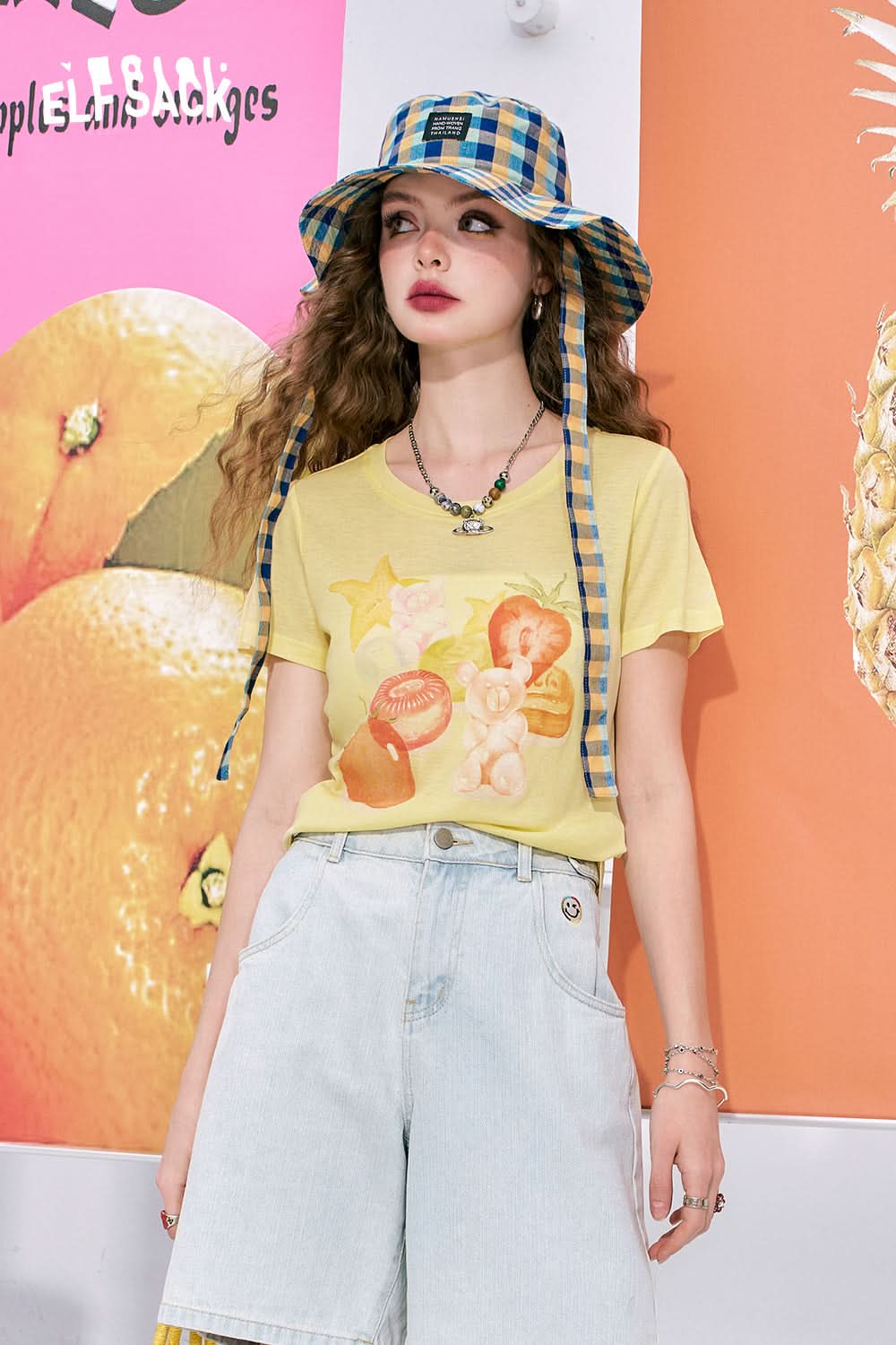 ELFSACK Fruit print loose cute style versatile slim pink short-sleeved T-shirt