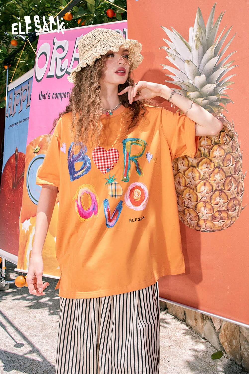 ELFSACK Loose cute letter print casual all-match slim white short-sleeved T-shirt