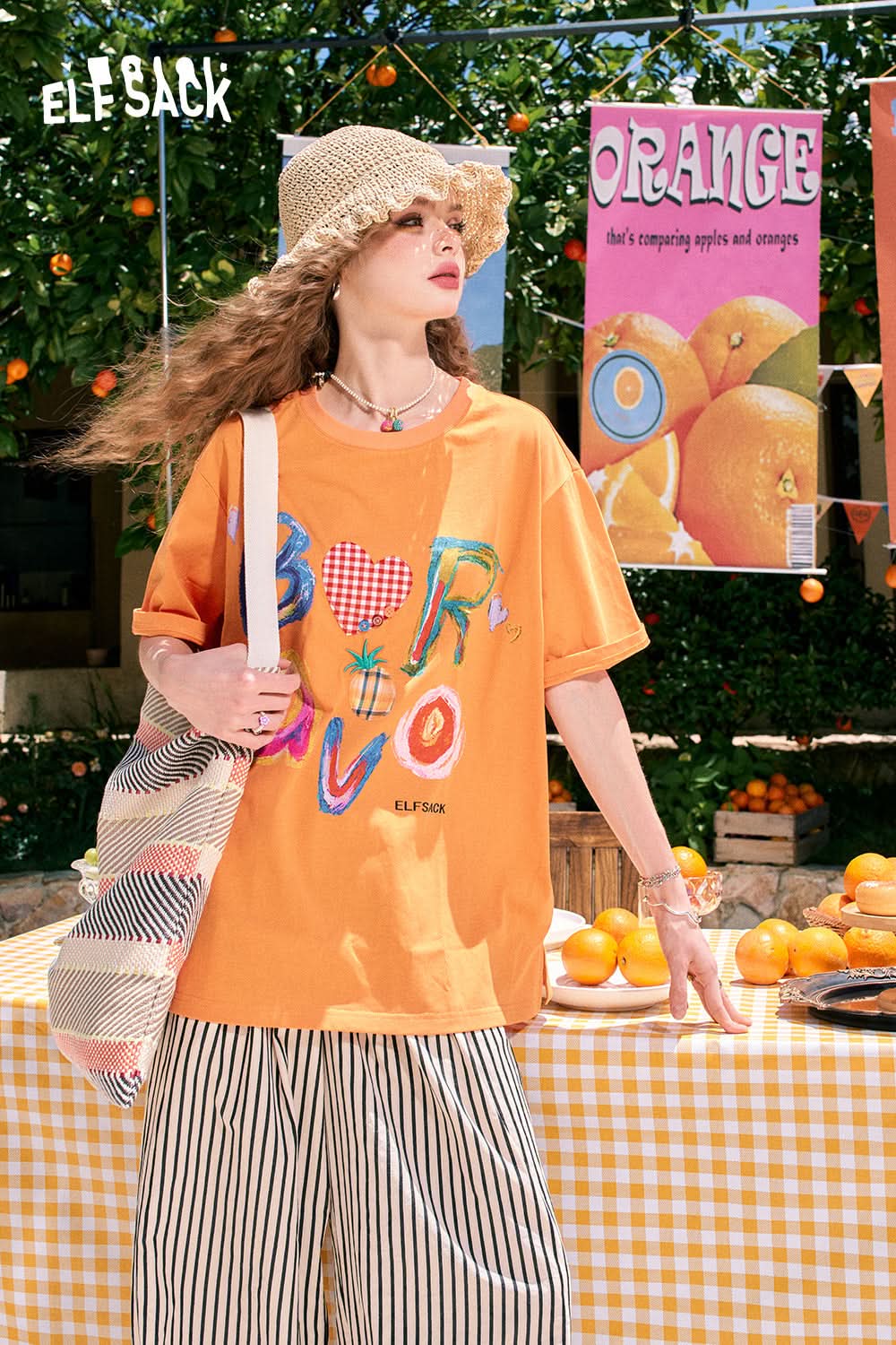 ELFSACK Loose cute letter print casual all-match slim white short-sleeved T-shirt