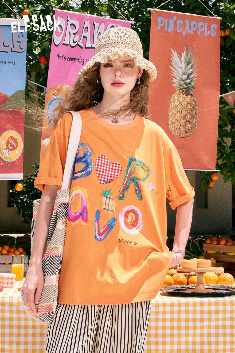 ELFSACK Loose cute letter print casual all-match slim white short-sleeved T-shirt