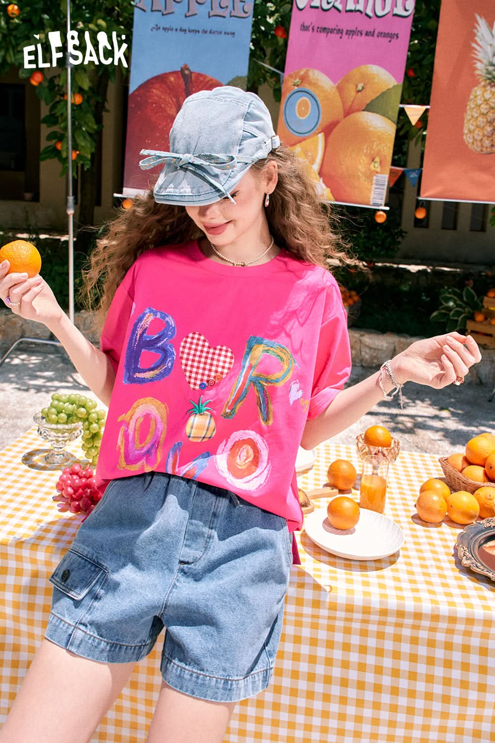 ELFSACK Loose cute letter print casual all-match slim white short-sleeved T-shirt