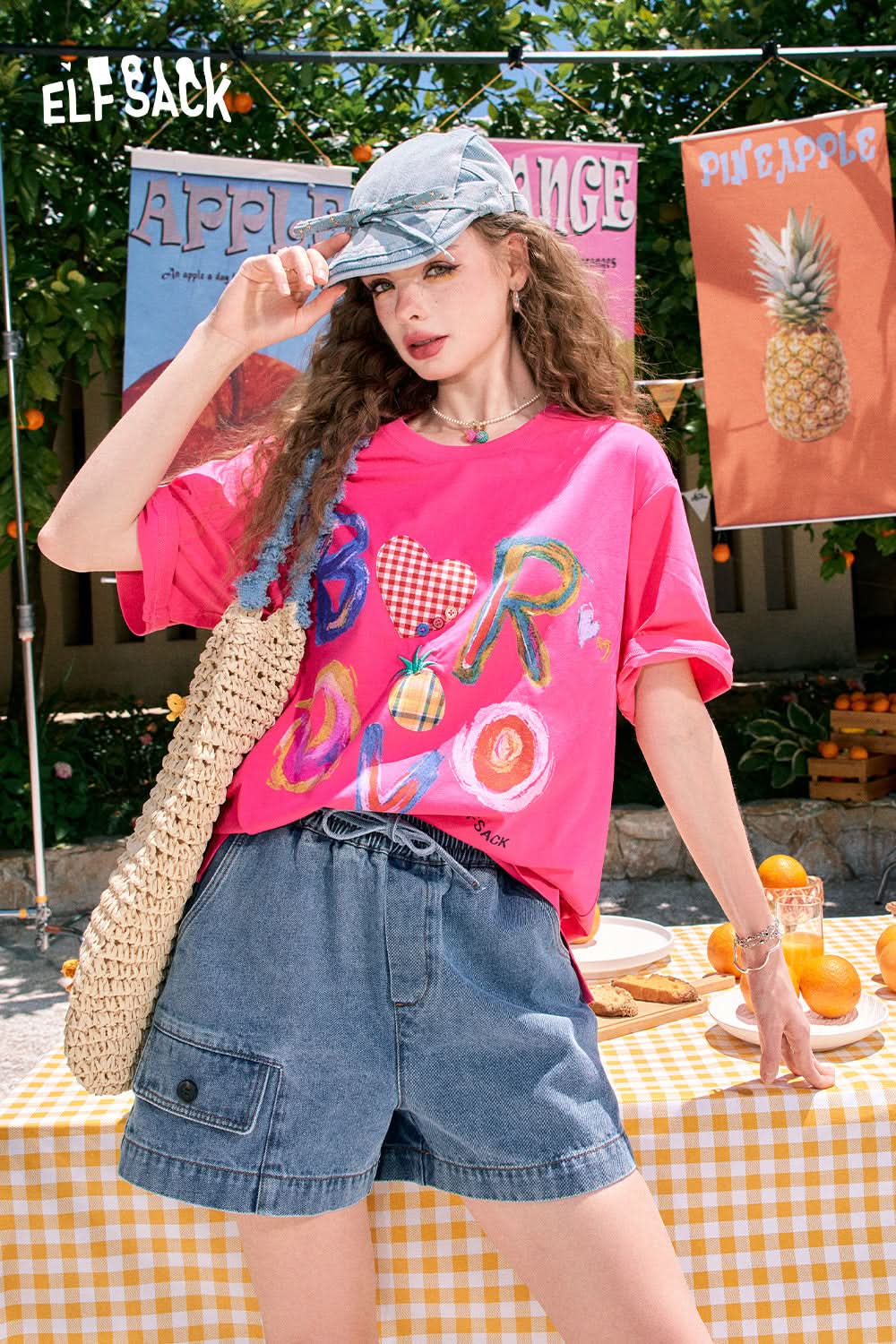 ELFSACK Loose cute letter print casual all-match slim white short-sleeved T-shirt