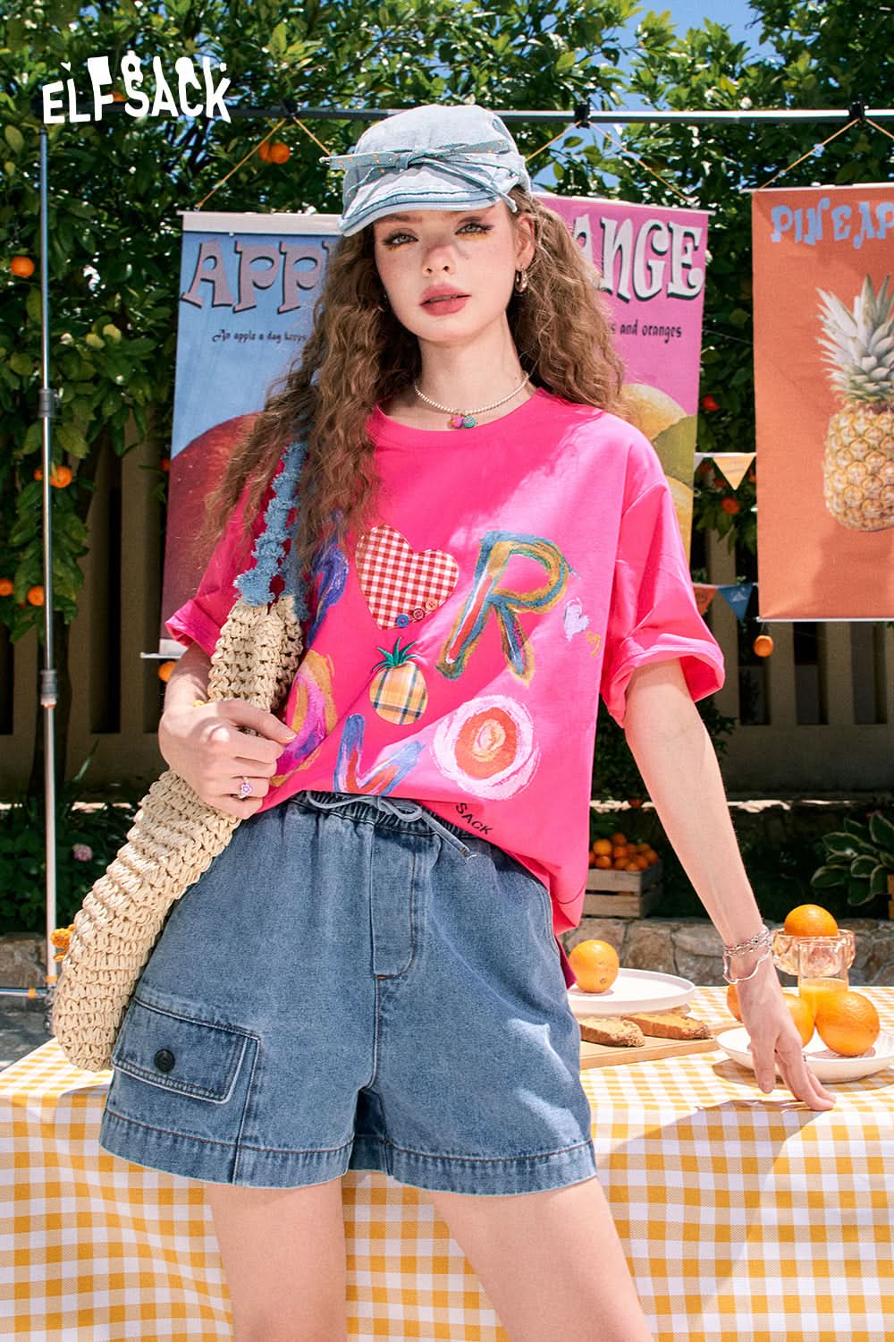 ELFSACK Loose cute letter print casual all-match slim white short-sleeved T-shirt