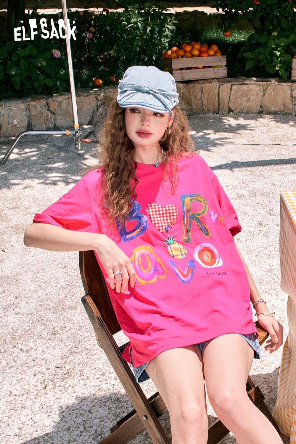 ELFSACK Loose cute letter print casual all-match slim white short-sleeved T-shirt