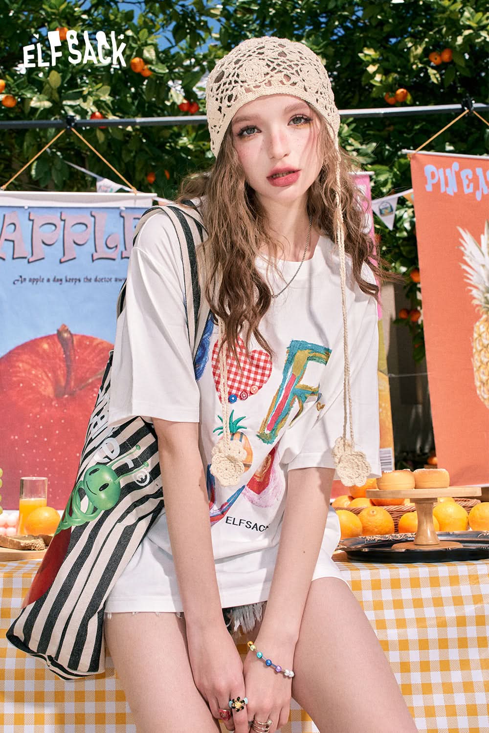 ELFSACK Loose cute letter print casual all-match slim white short-sleeved T-shirt