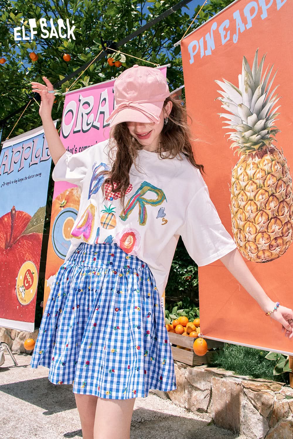 ELFSACK Loose cute letter print casual all-match slim white short-sleeved T-shirt