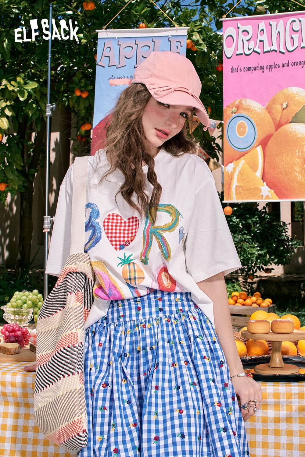 ELFSACK Loose cute letter print casual all-match slim white short-sleeved T-shirt