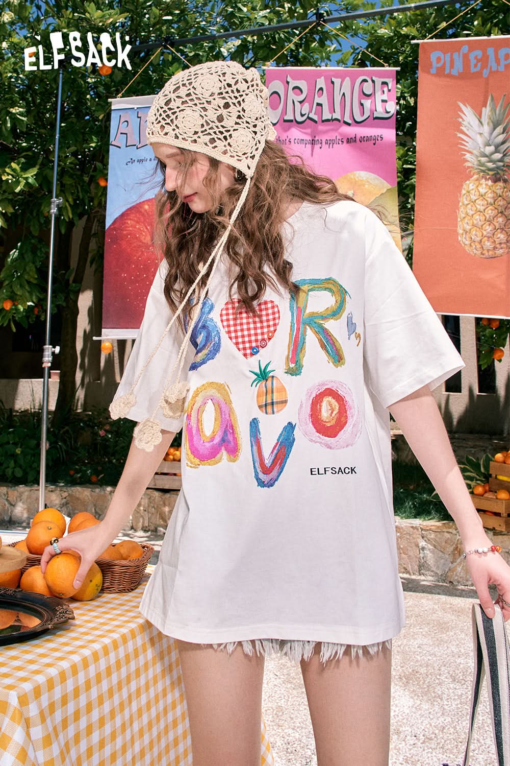 ELFSACK Loose cute letter print casual all-match slim white short-sleeved T-shirt