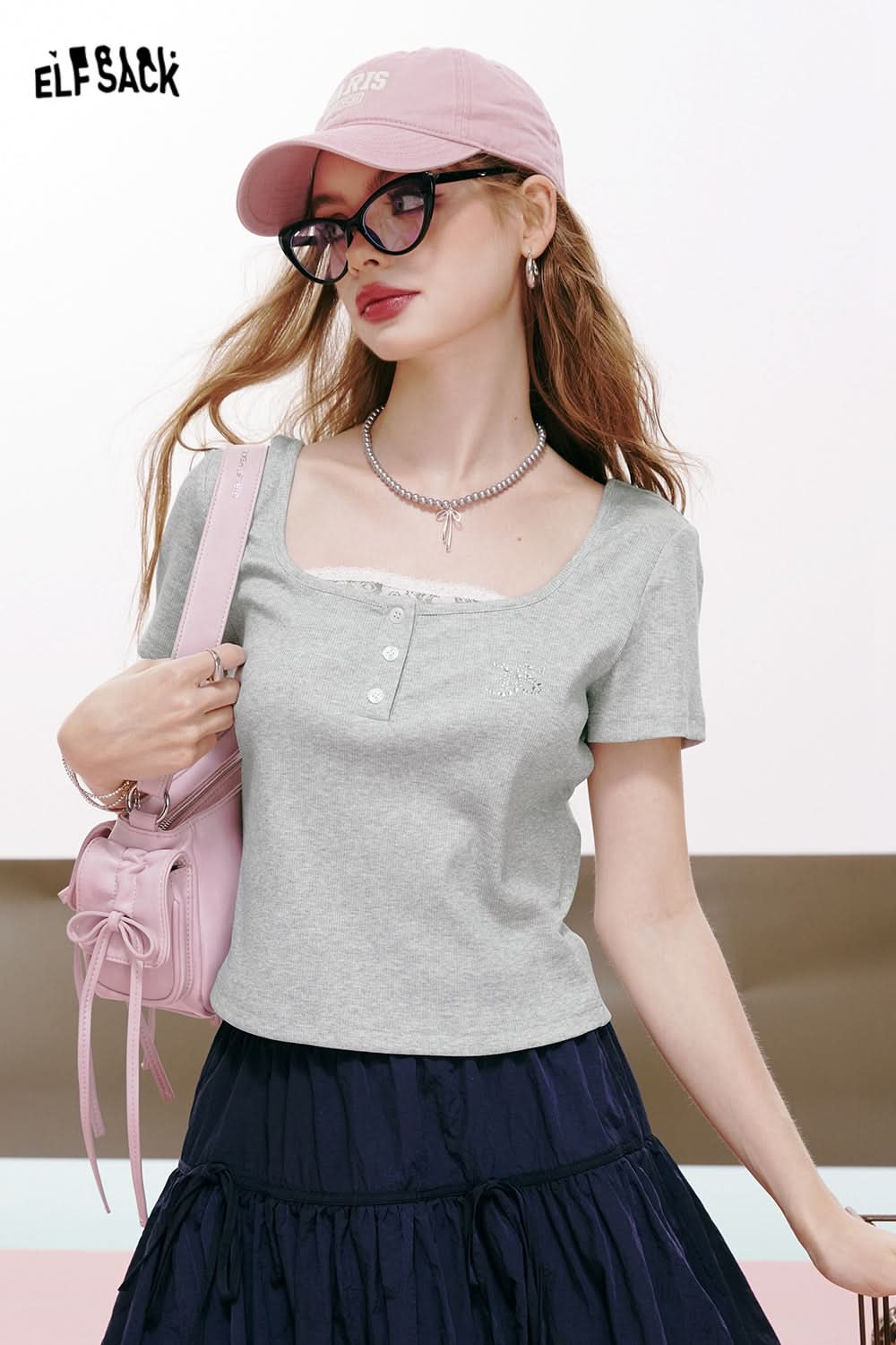 ELFSACK Threaded silver button lace stitching slim fit straight shoulder short sleeve T-shirt