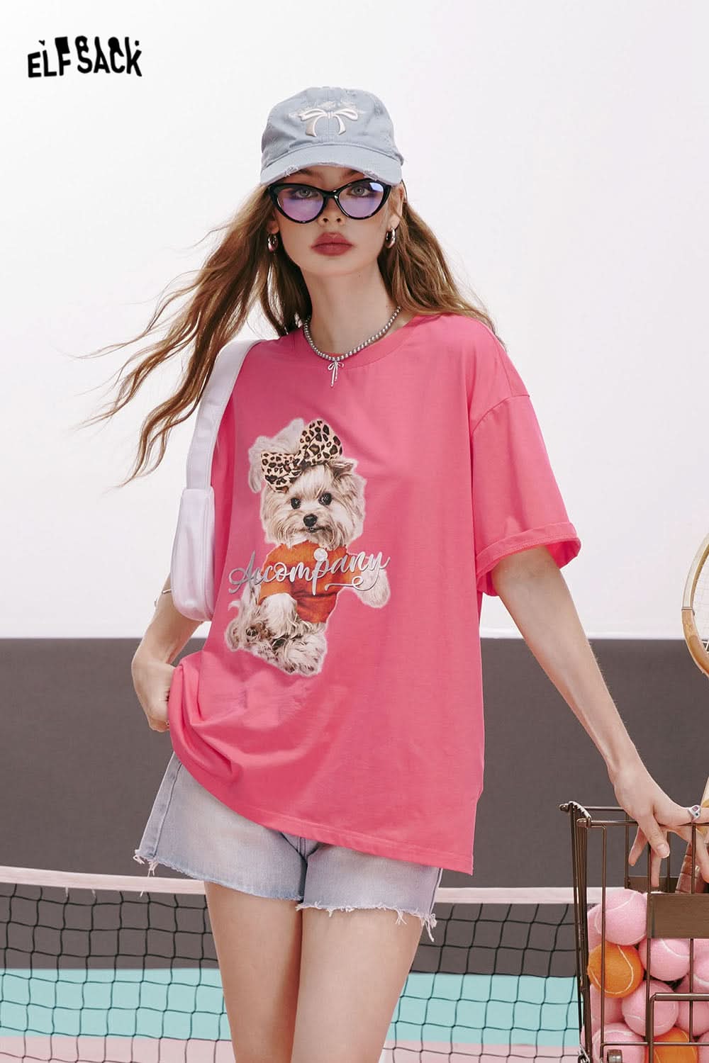 ELFSACK Bear print gentle style back hollow three-dimensional bow design loose short-sleeved T-shirt