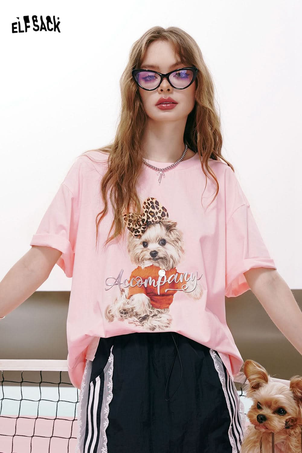 ELFSACK Bear print gentle style back hollow three-dimensional bow design loose short-sleeved T-shirt