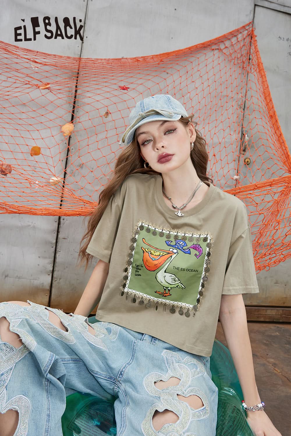 ELFSACK Cotton printed short sleeved T-shirt with a casual design, short top