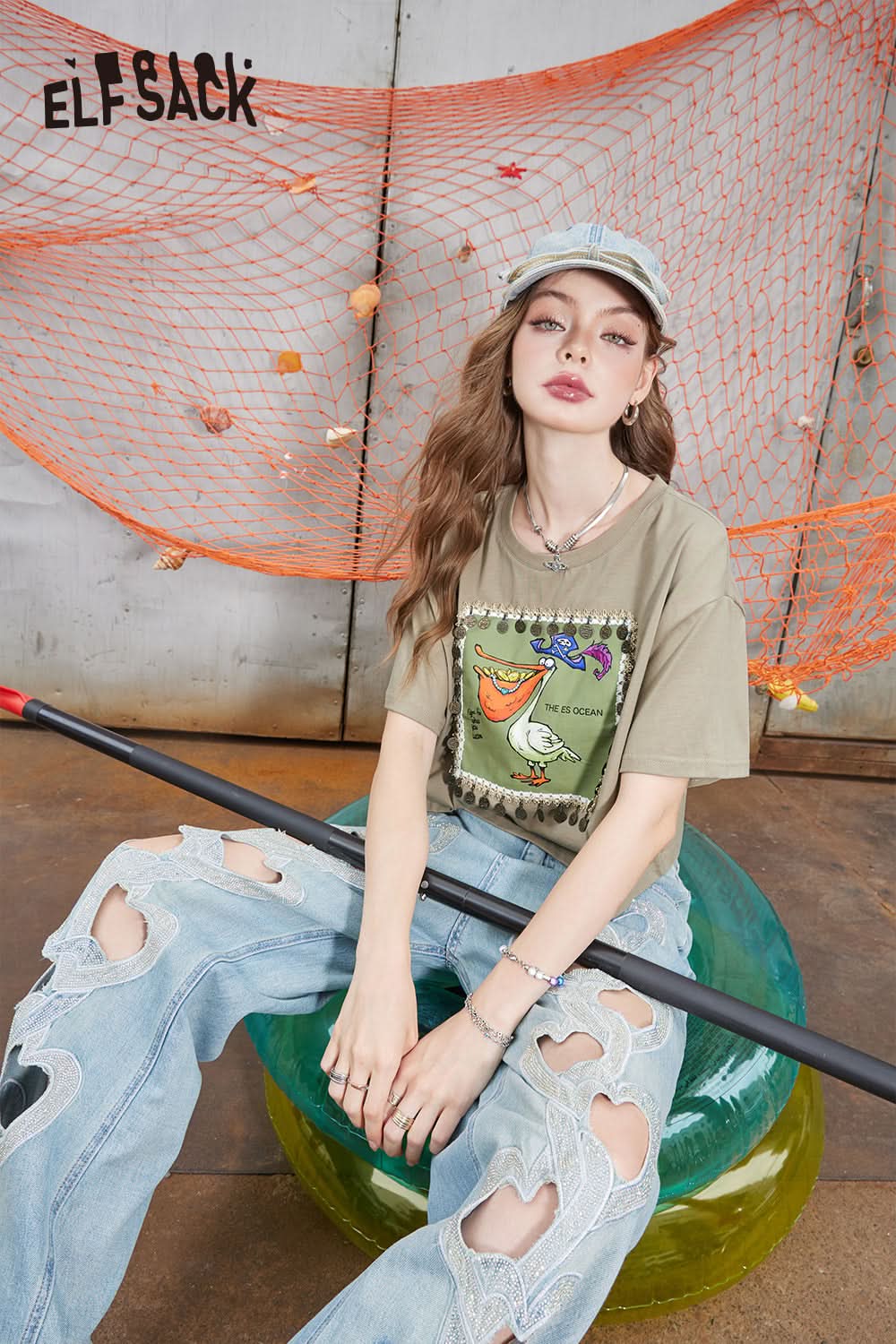 ELFSACK Cotton printed short sleeved T-shirt with a casual design, short top