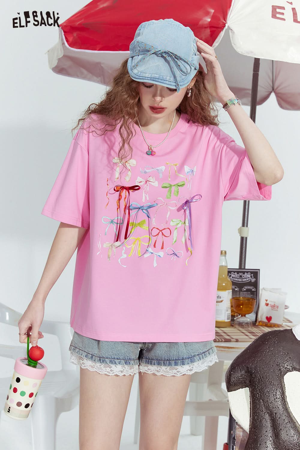 ELFSACK Bowknot ribbon print niche slim all-match short-sleeved T-shirt