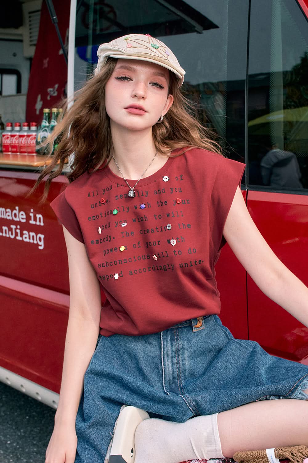 ELFSACK Retro grey letter print round neck button design slim loose short sleeve T-shirt