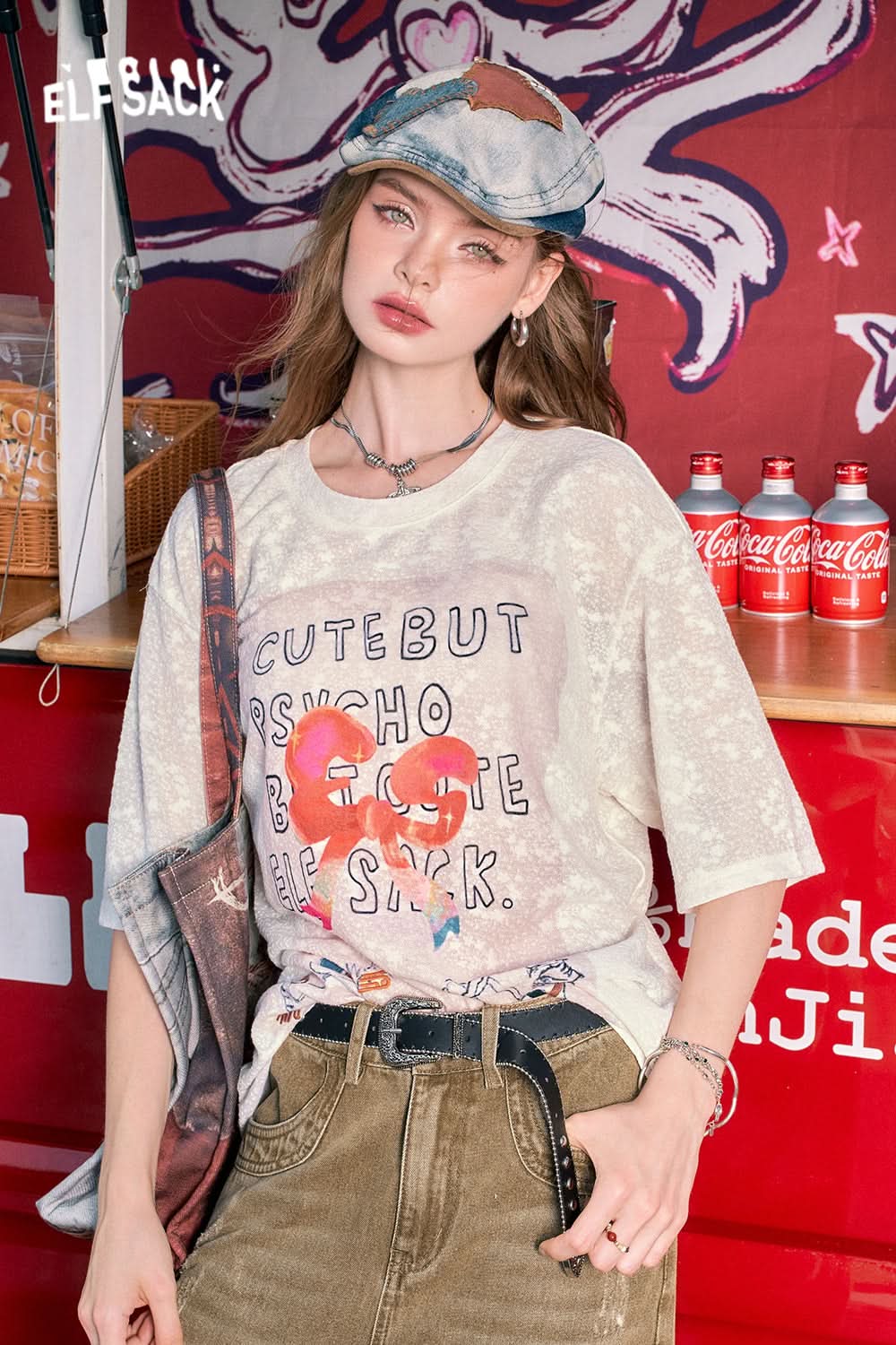 ELFSACK White round neck lace letter print loose slim all-match short-sleeved T-shirt