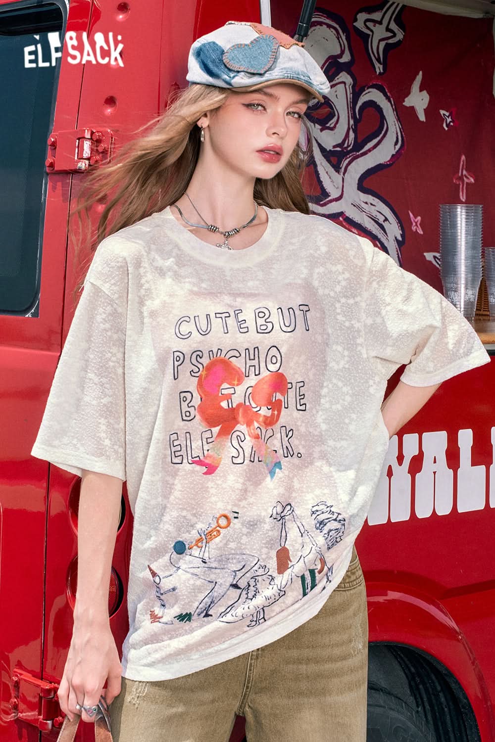 ELFSACK White round neck lace letter print loose slim all-match short-sleeved T-shirt