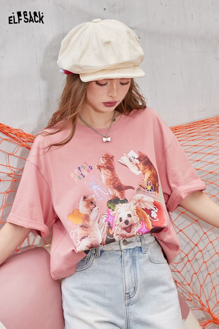 ELFSACK Pink irregular printing casual versatile slim loose short-sleeved T-shirt