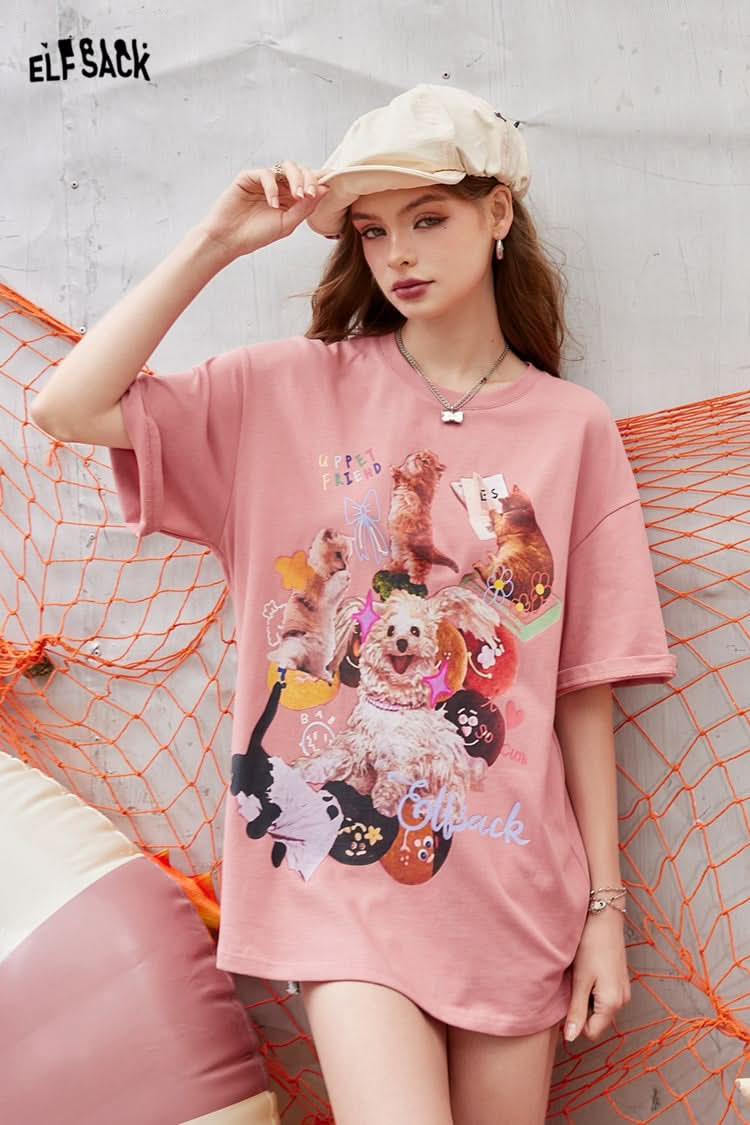 ELFSACK Pink irregular printing casual versatile slim loose short-sleeved T-shirt