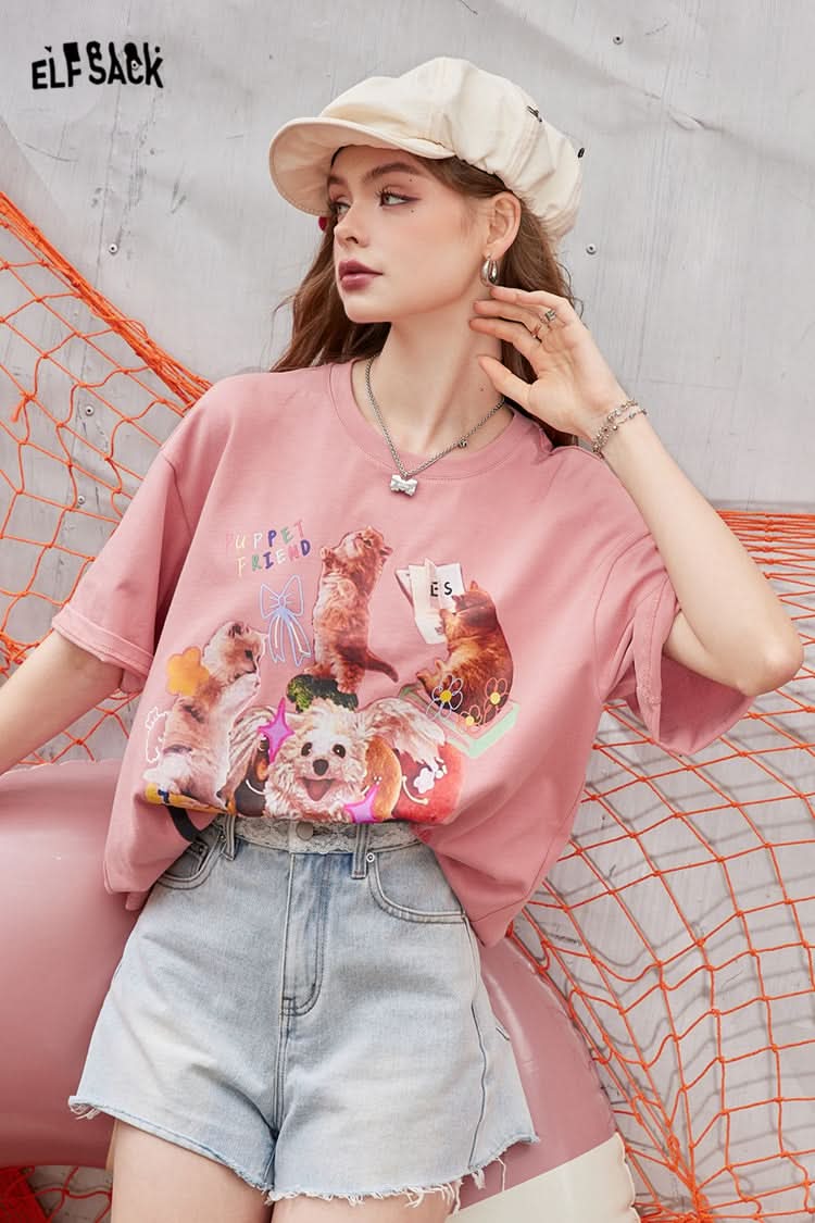 ELFSACK Pink irregular printing casual versatile slim loose short-sleeved T-shirt