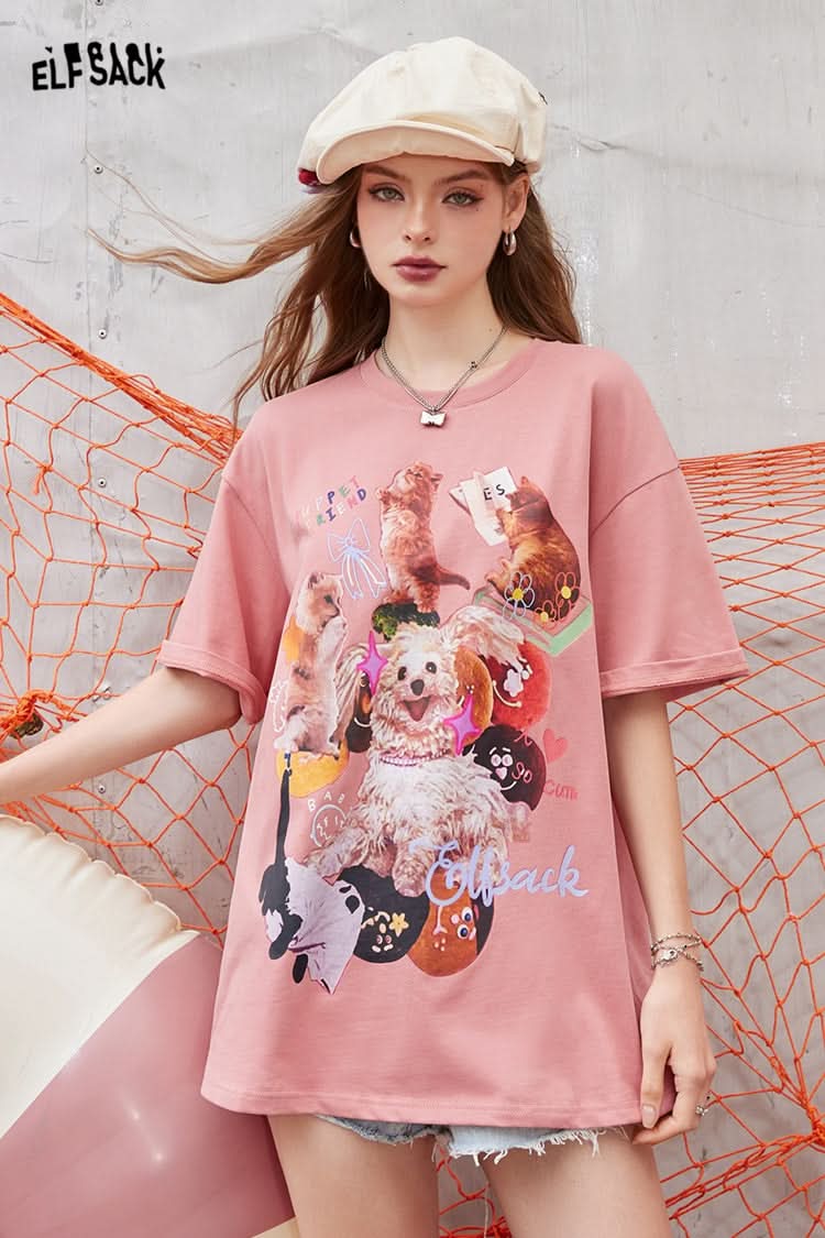 ELFSACK Pink irregular printing casual versatile slim loose short-sleeved T-shirt