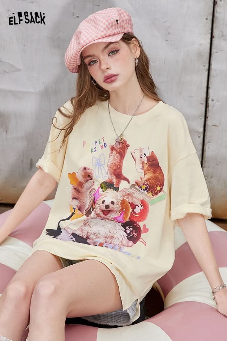 ELFSACK Pink irregular printing casual versatile slim loose short-sleeved T-shirt