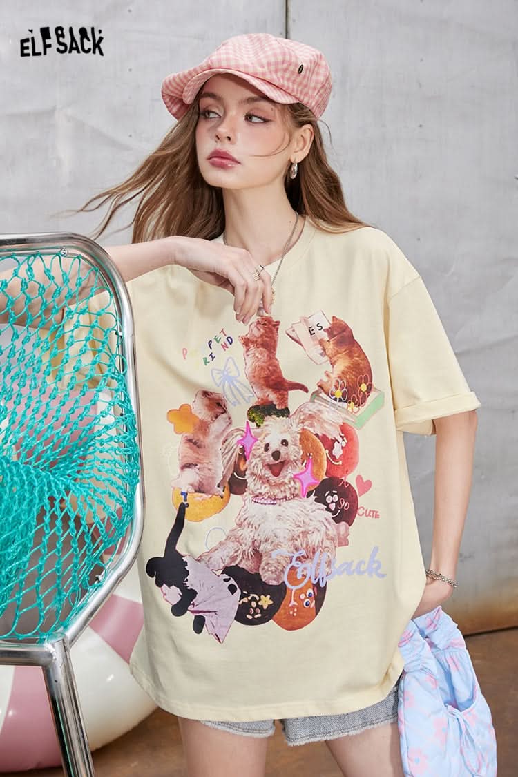 ELFSACK Pink irregular printing casual versatile slim loose short-sleeved T-shirt