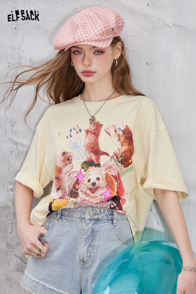 ELFSACK Pink irregular printing casual versatile slim loose short-sleeved T-shirt