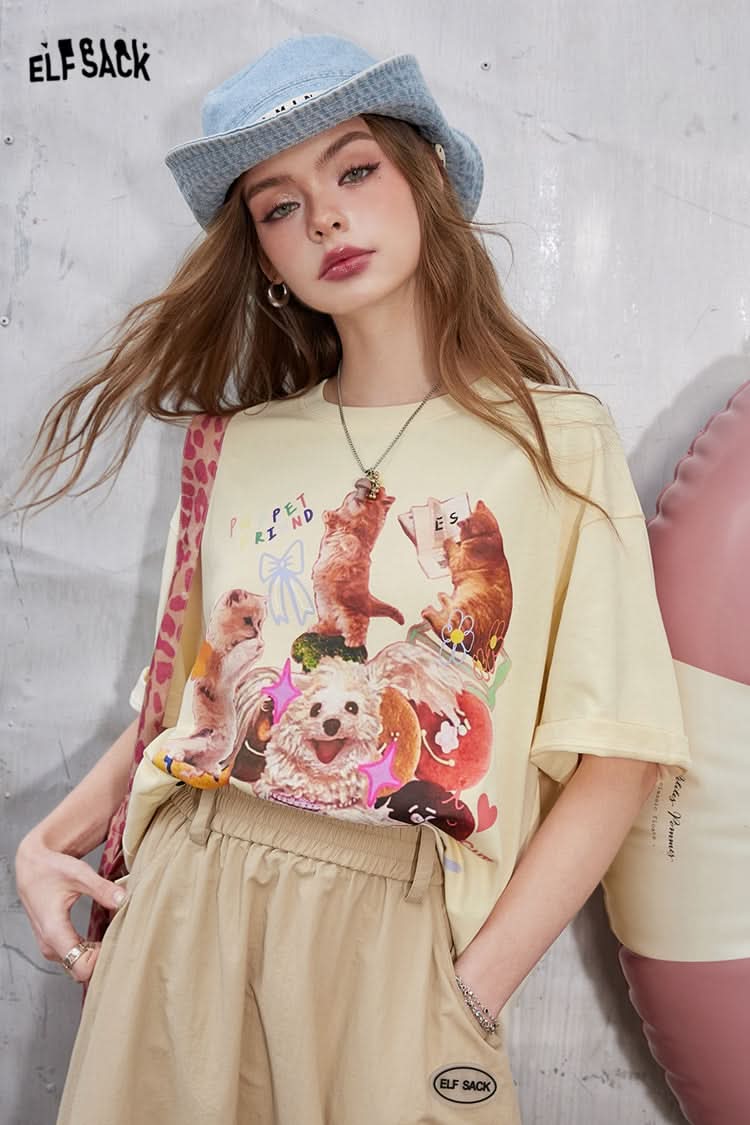 ELFSACK Pink irregular printing casual versatile slim loose short-sleeved T-shirt