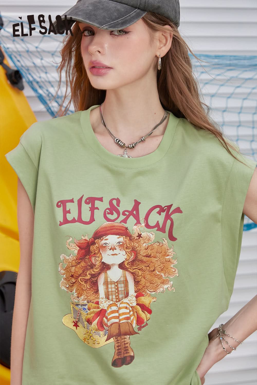 ELFSACK Printed sleeveless t-shirt's casual versatile and unique top