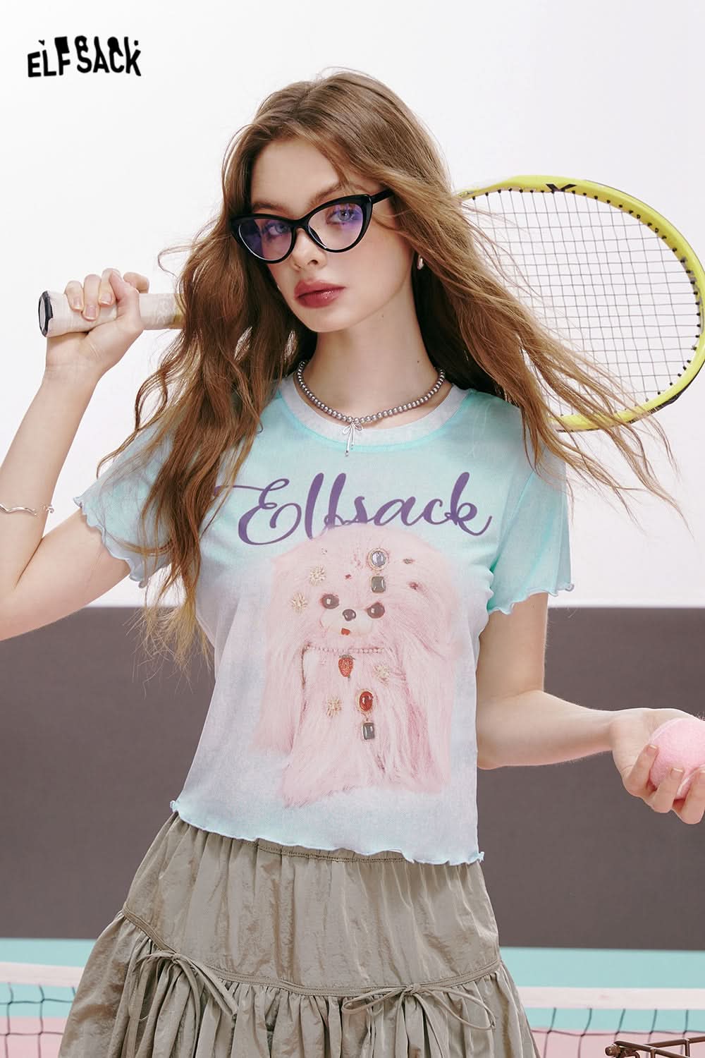 ELFSACK American sexy letter cartoon print ruffled slim fit straight shoulder short sleeve T-shirt