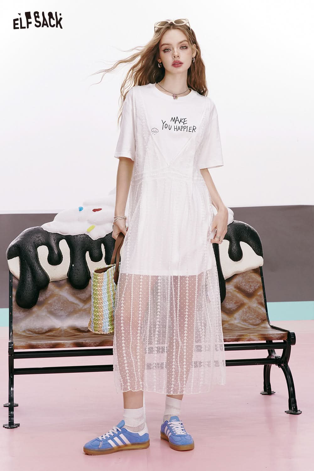 ELFSACK Mesh T-shirt for slim fit and waist-hugging white dress with niche design