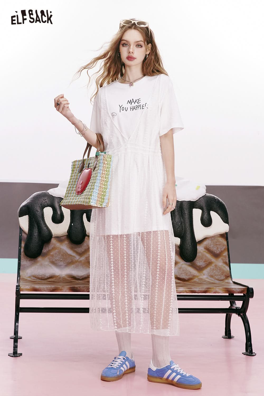 ELFSACK Mesh T-shirt for slim fit and waist-hugging white dress with niche design