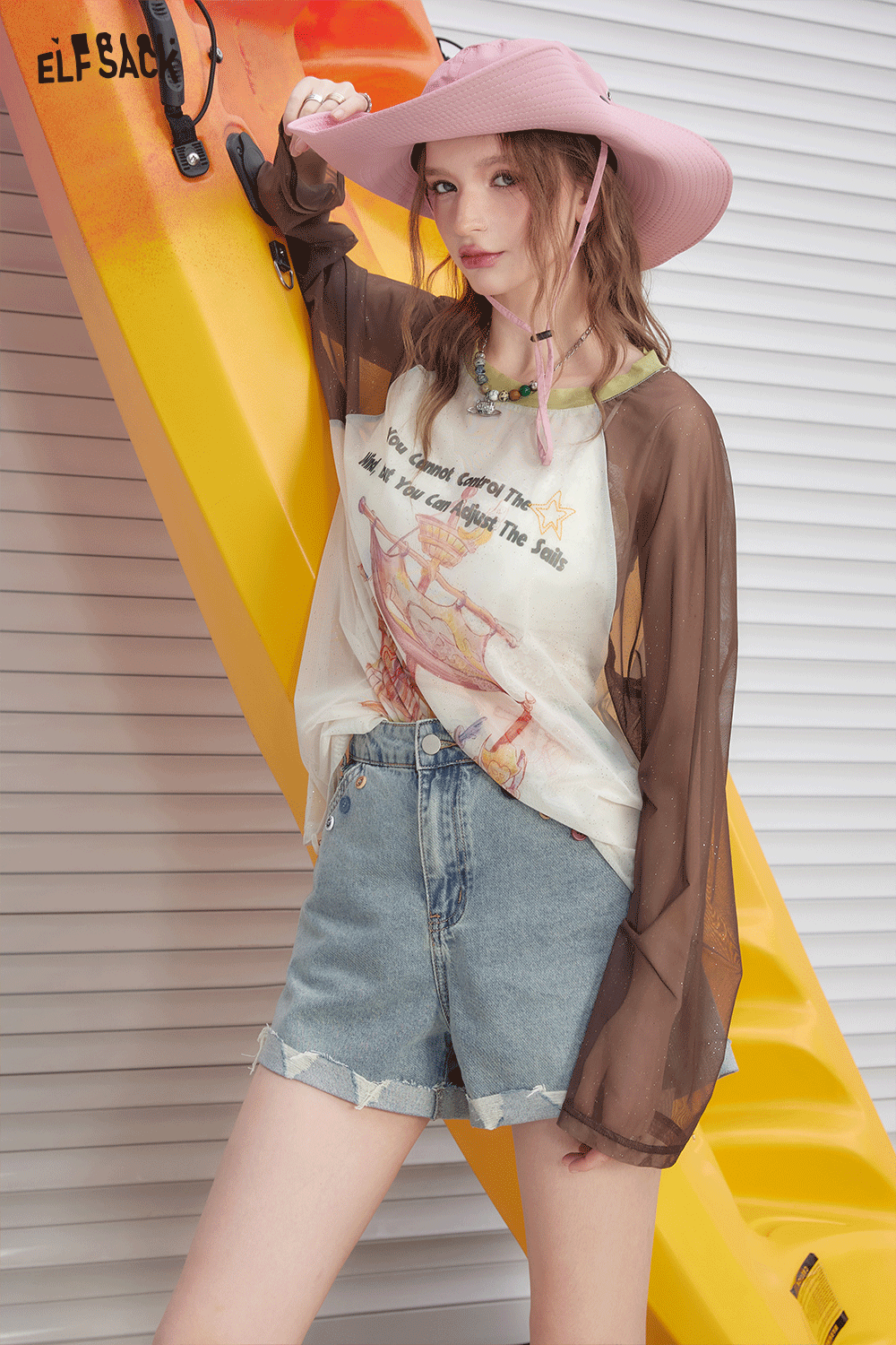 ELFSACK Shoulder inserted silver printed mesh short sleeved T-shirt's casual versatile cover up