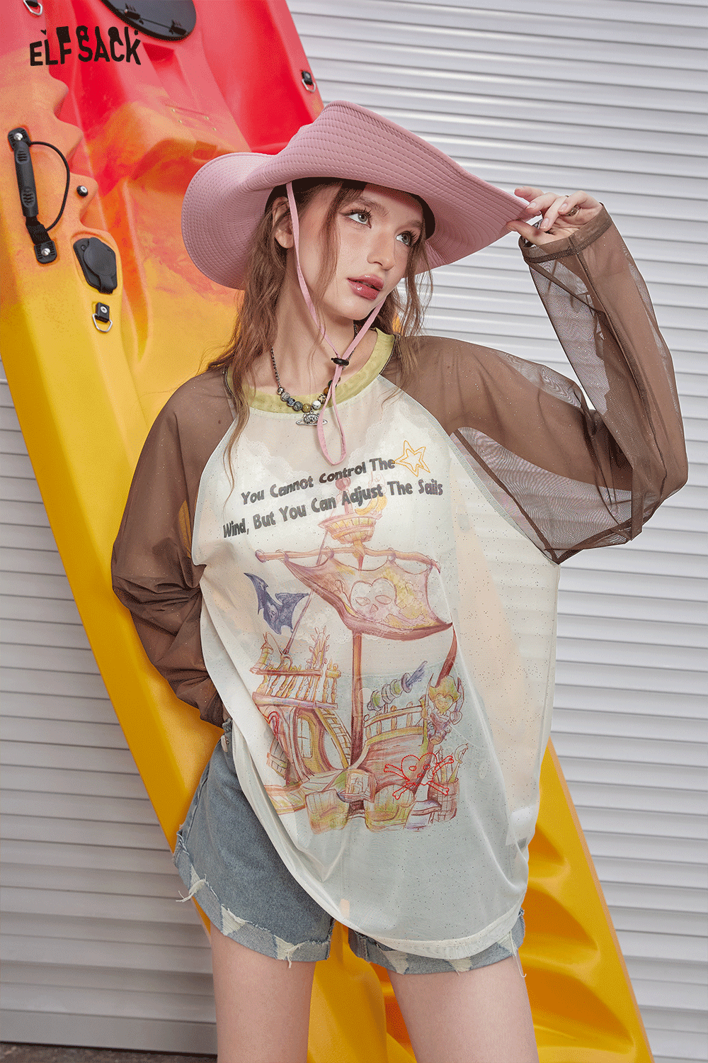 ELFSACK Shoulder inserted silver printed mesh short sleeved T-shirt's casual versatile cover up