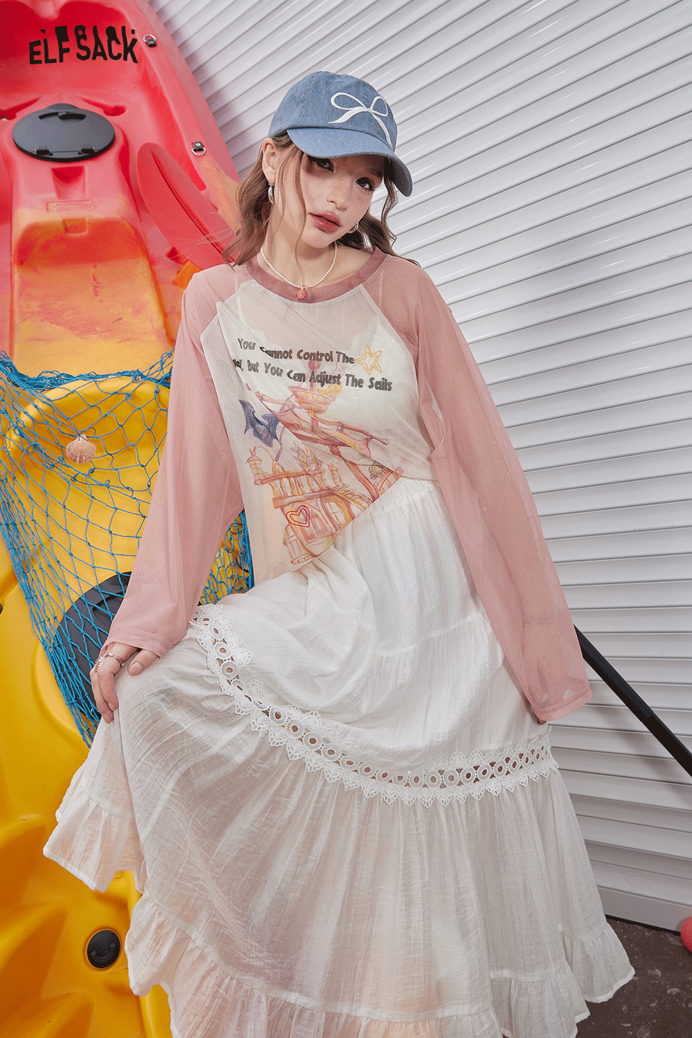 ELFSACK Shoulder inserted silver printed mesh short sleeved T-shirt's casual versatile cover up