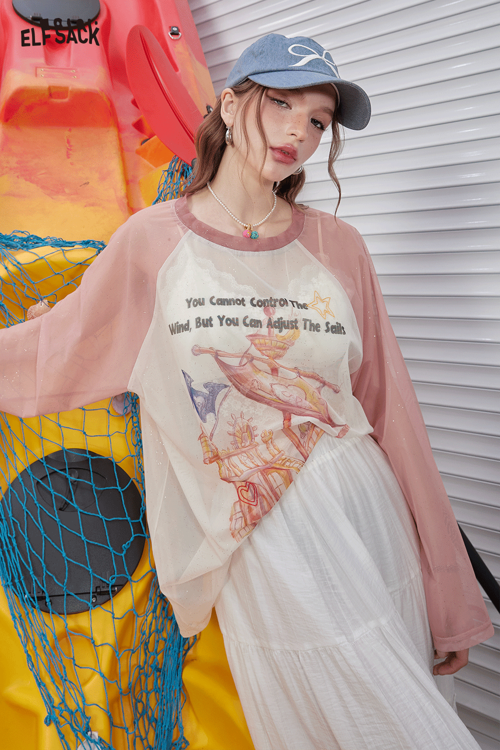 ELFSACK Shoulder inserted silver printed mesh short sleeved T-shirt's casual versatile cover up