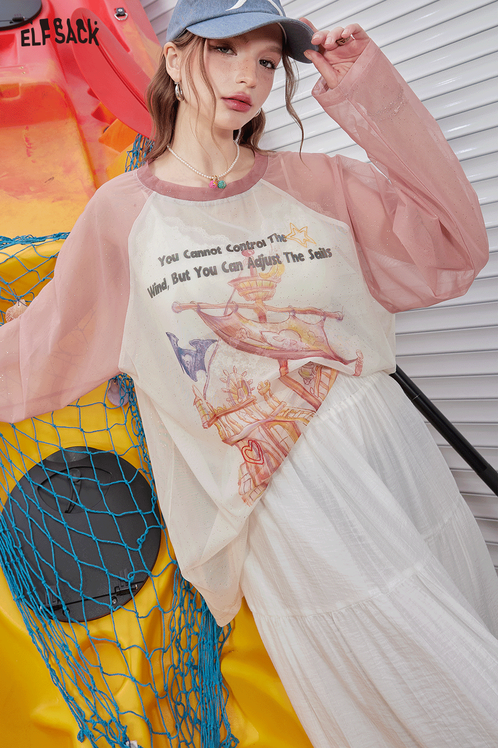 ELFSACK Shoulder inserted silver printed mesh short sleeved T-shirt's casual versatile cover up