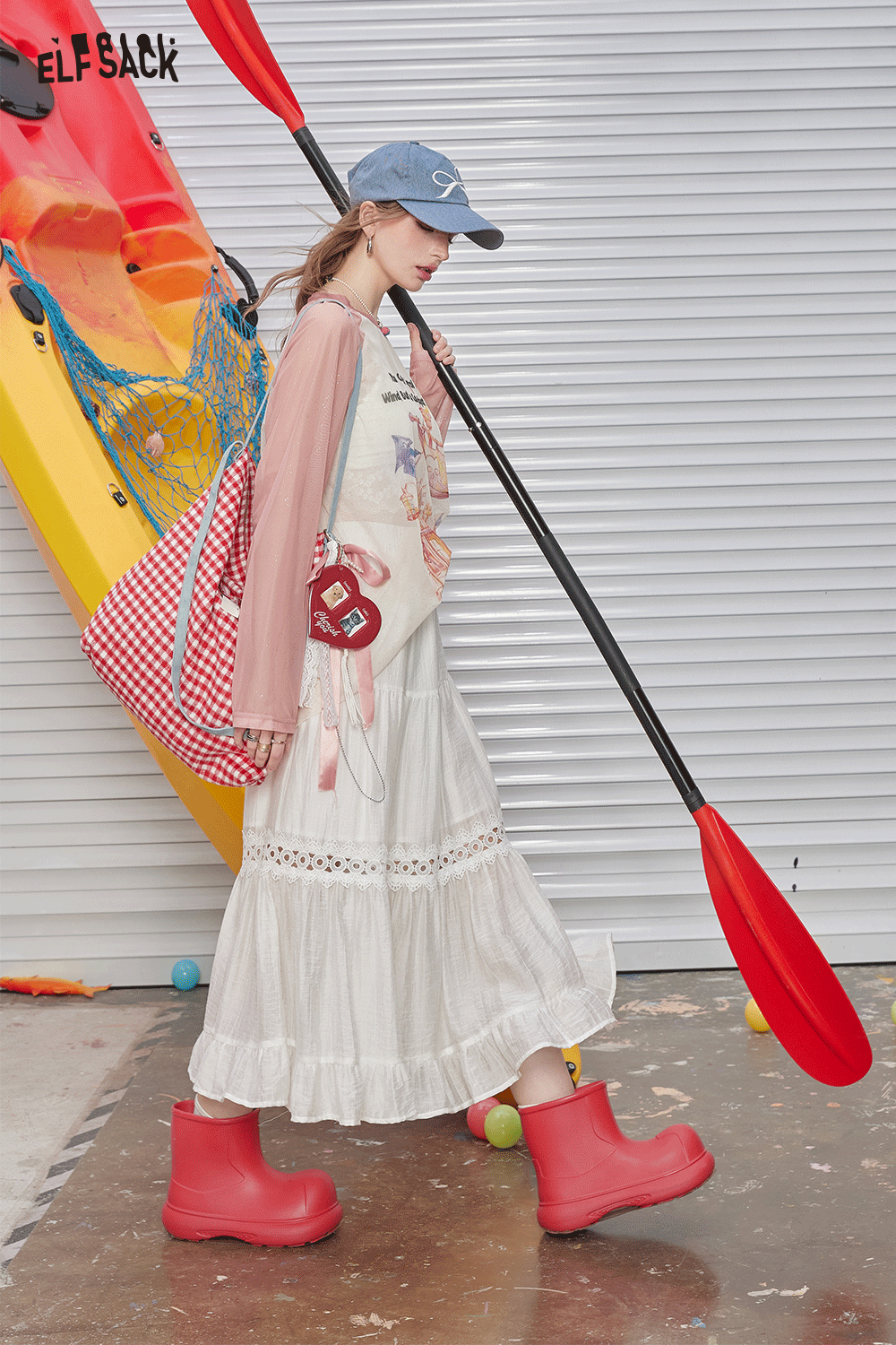 ELFSACK Shoulder inserted silver printed mesh short sleeved T-shirt's casual versatile cover up