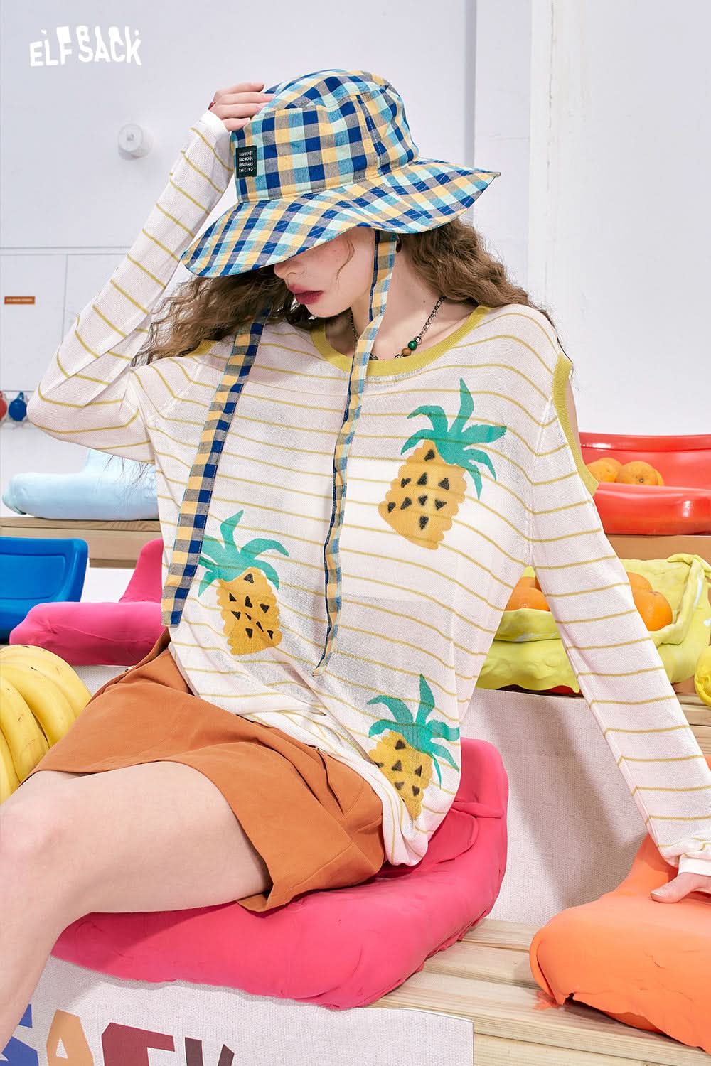 ELFSACK Fresh ice silk off-shoulder loose lazy casual slim knitted sweater